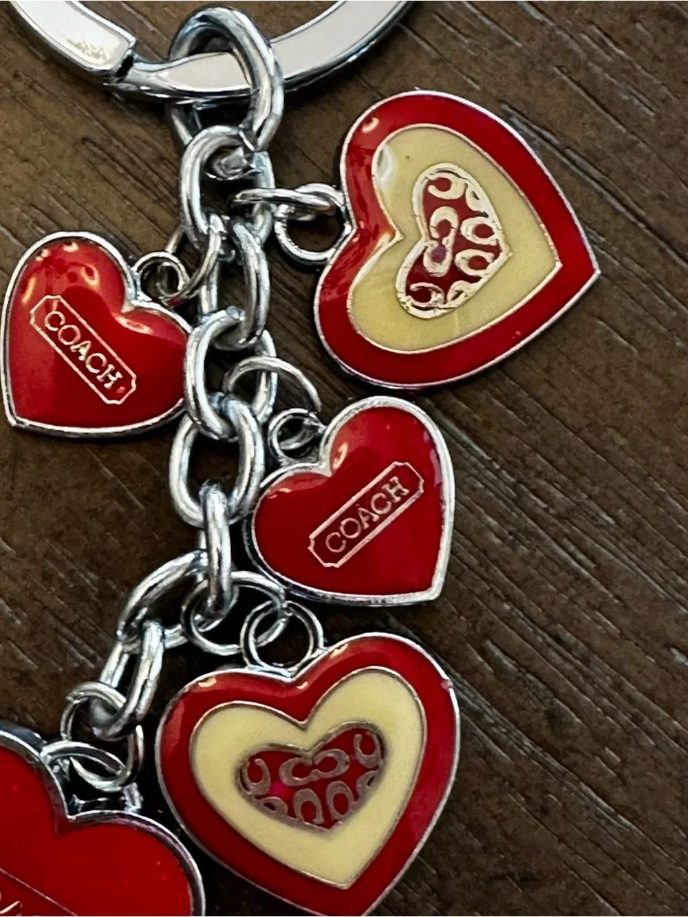 Coach Red and Cream Heart Charm Keychain